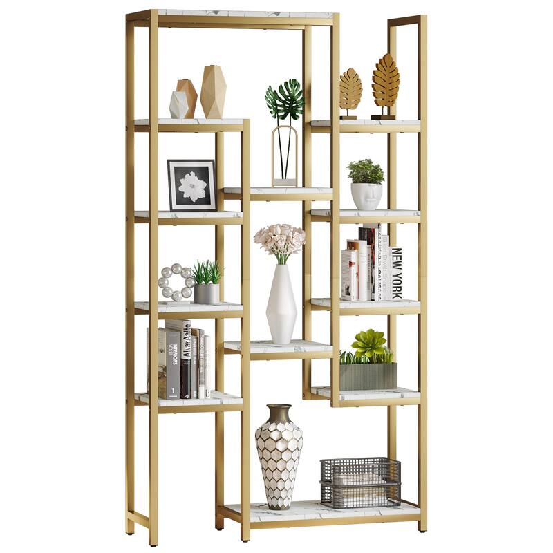 Wood 6-Tier Gold Bookshelf 71" Tall Modern Free Standing Bookshelf with 12 Shelves - White/Gold