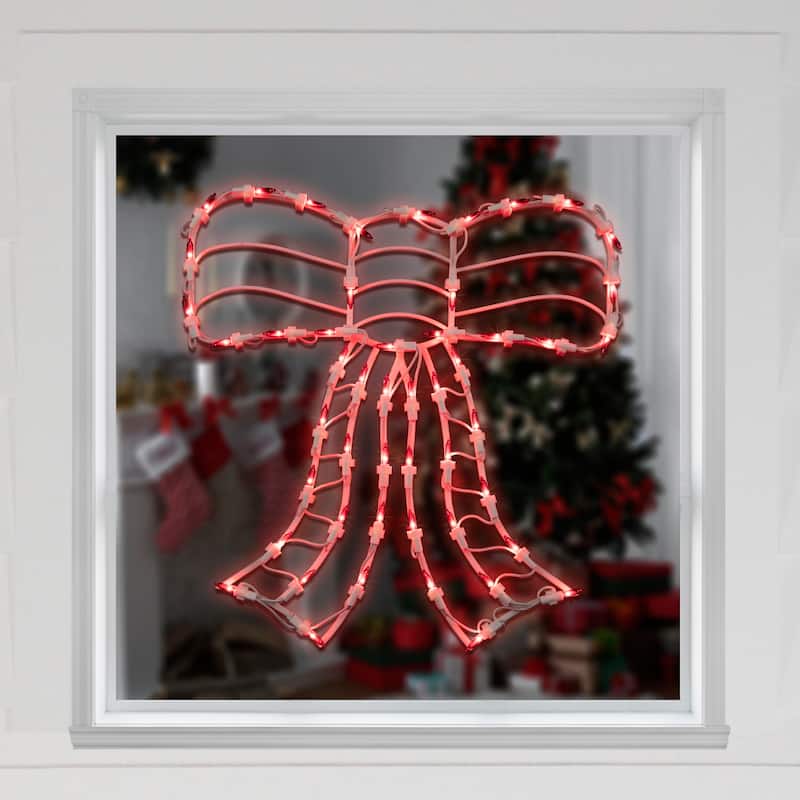 Lighted Bow Window Silhouette Christmas Decoration - 14" - Red Lights