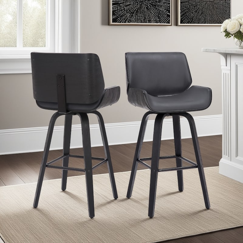 Tyler Mid-Century Swivel Bar Stool, Upholstered Counter Height Chair with Bentwood Legs - Set of 2 - Grey & Black - Counter Height