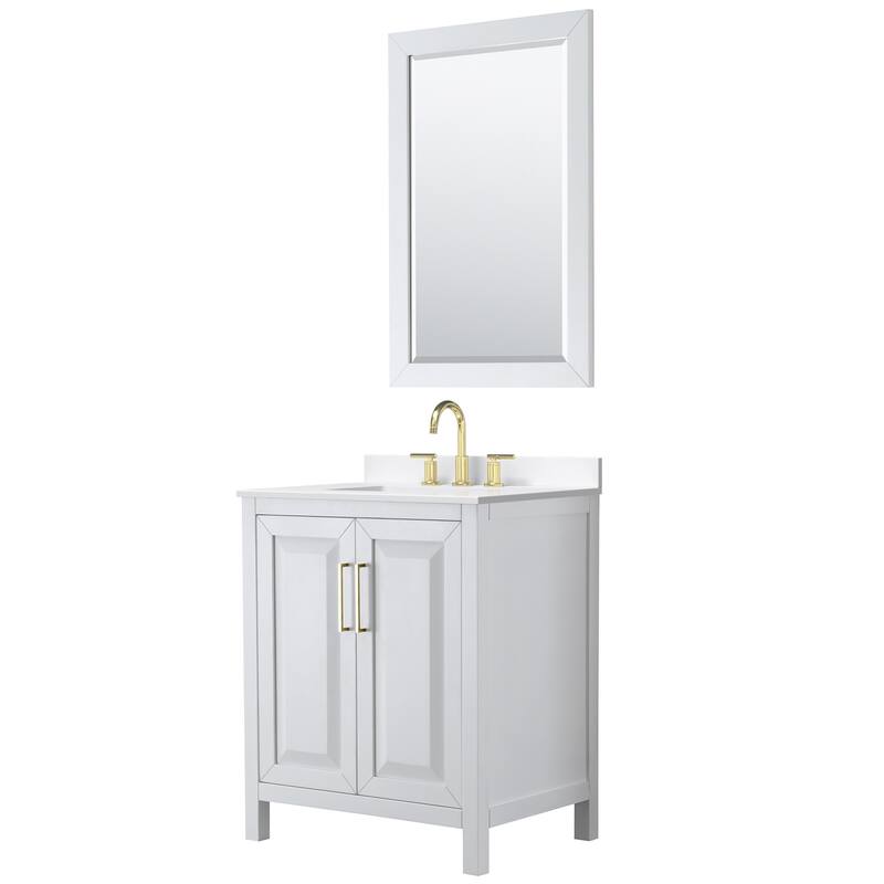 Daria 30-inch Single Vanity, 3 Hole Quartz Top, 24-inch Mirror - White, Gold Trim, White Quartz Top