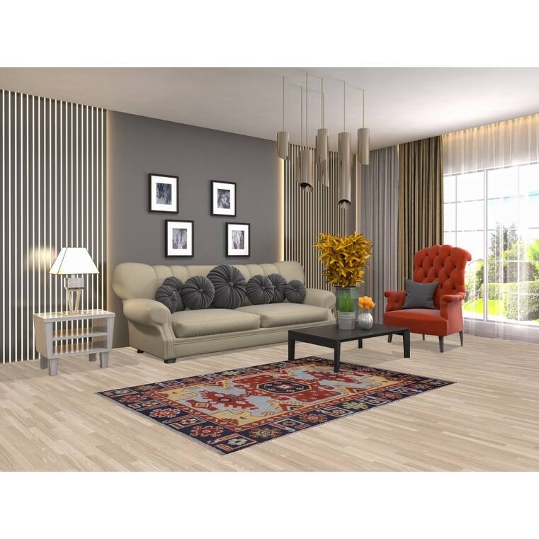 Blue Geometric Kazak Oriental Foyer Rug Handmade Wool Carpet - 4'0"x 5'10"