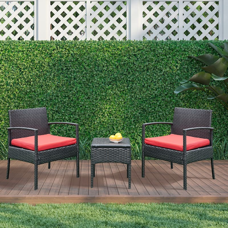 Outdoor Furniture 3 Piece Patio Bistro Furniture Set, Rattan Conversation Chairs Set with Side Table and Cushions