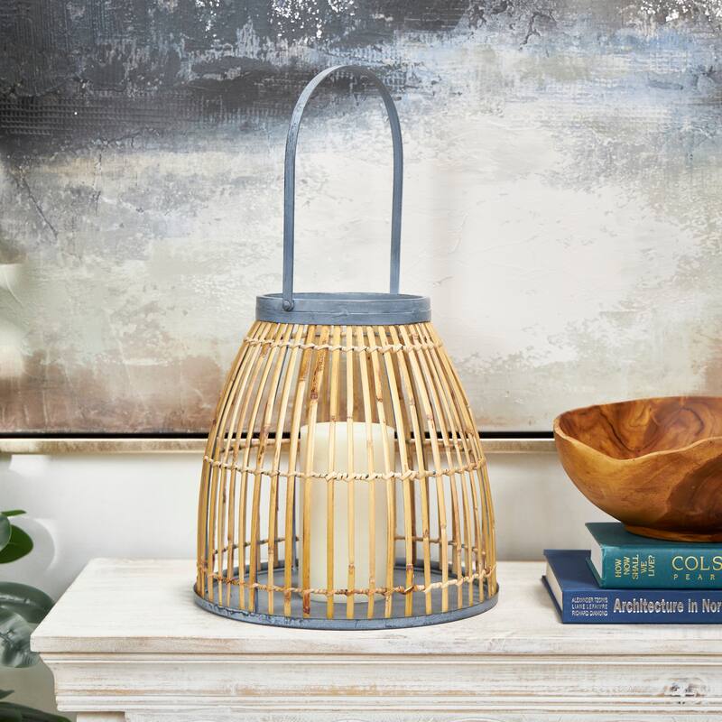 Brown Bamboo Wood Handmade Woven Open Framed Caged Style Indoor Outdoor Candle Lantern with Blue Metal Accents and Handle