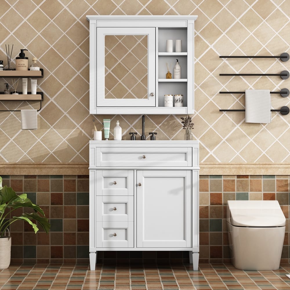 Bathroom Vanity & Mirrored Cabinet Set, Medicine Cabinet with Open Shelves, Storage Cabinet with Drawers and Side Door Organizer