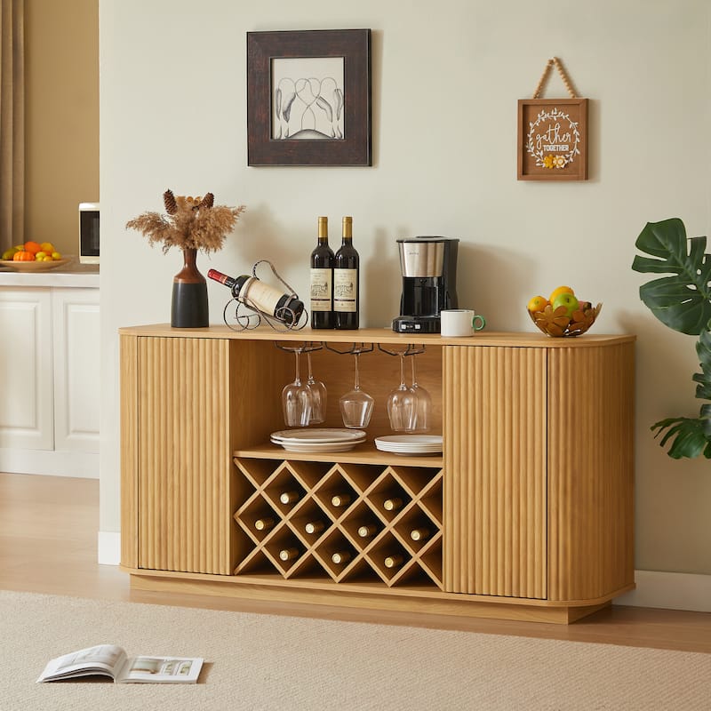 58" Wavy Curve Sideboard with Wine Rack & Glassware Holder, Adjustable Shelves, Multifunctional Storage Cabinet