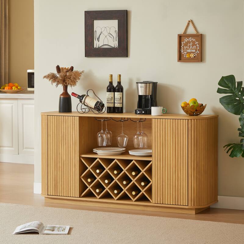 Modern Elegant Design Wood-Grain Wavy Curve Storage Cabinet with Adjustable Shelves and Glassware Holder