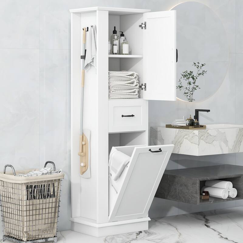 Modern Tall Storage Cabinet - Tilt-Out Compartment, Adjustable Shelves, 80LBS Capacity, Soft-Close Hinges - White