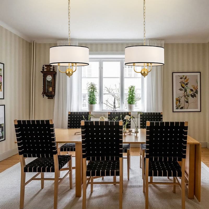 Classic 3-Light Black Edge Linen Drum Pendant - 15.7 in