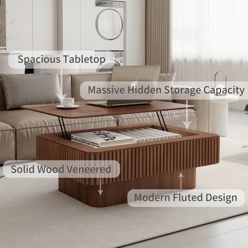 38.6" Fluted Lift-top Coffee Table, Coffee Table Accent Tea Table with Storage and Adjustable Height for Living Room