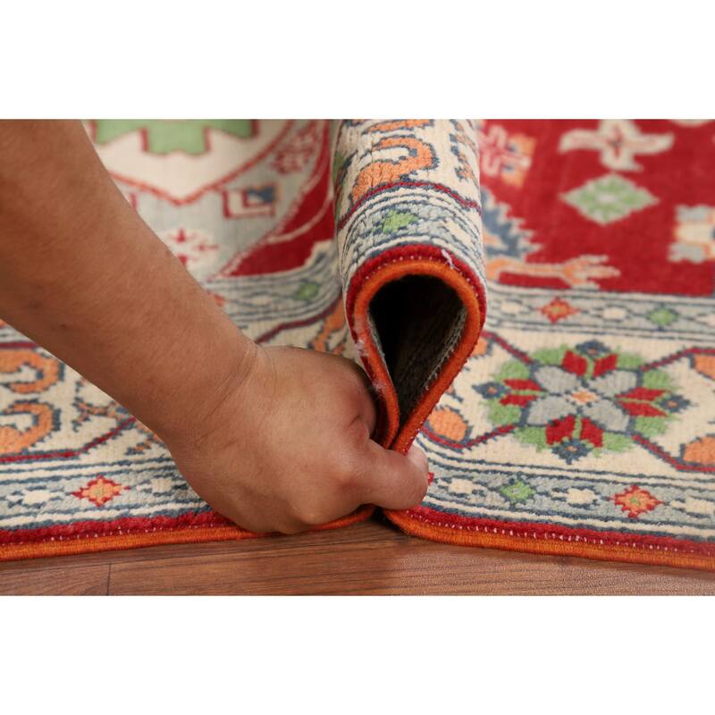 Red Geometric Kazak Accent Rug Hand-Knotted Traditional Wool Carpet - 3'4" x 4'10"