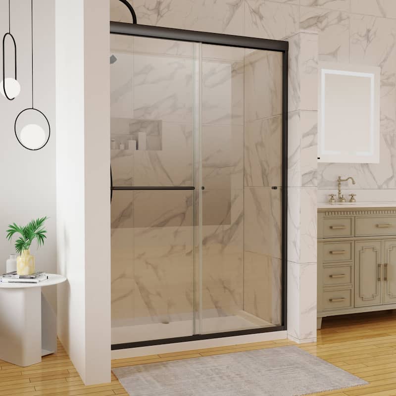 48'' x 72'' Glass Semi-Frameless Double Sliding Shower Tub Door in Matte Black/Brushed Nickel - Matte Black