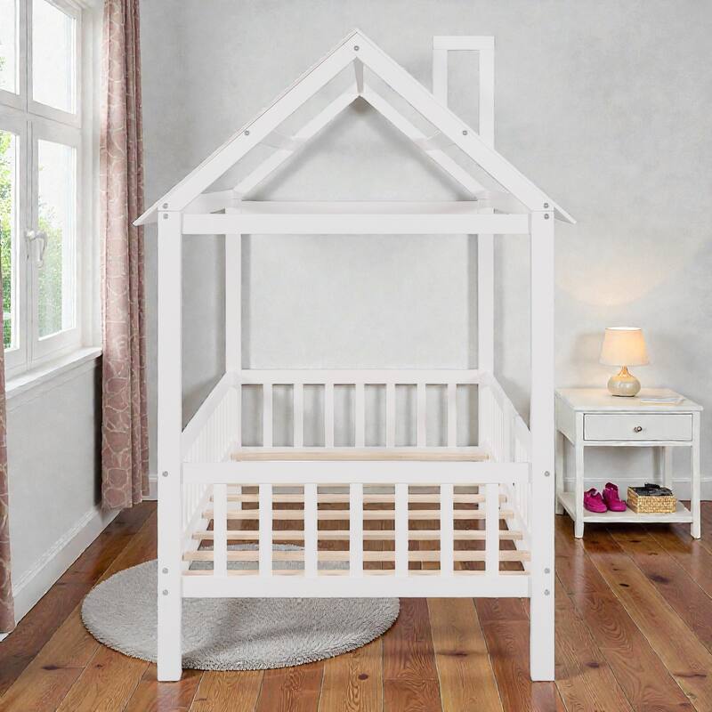 Twin Size Wooden House Bed with Fence, Roof Playhouse Design, Kids Montessori Floor Bed with Safety Rails