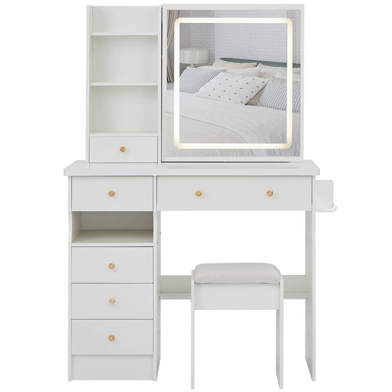 37" Middle Size Left Drawer Desktop Vanity Table + Cushioned Stool Dresser Set, Large Touch Control LED Sliding Mirror