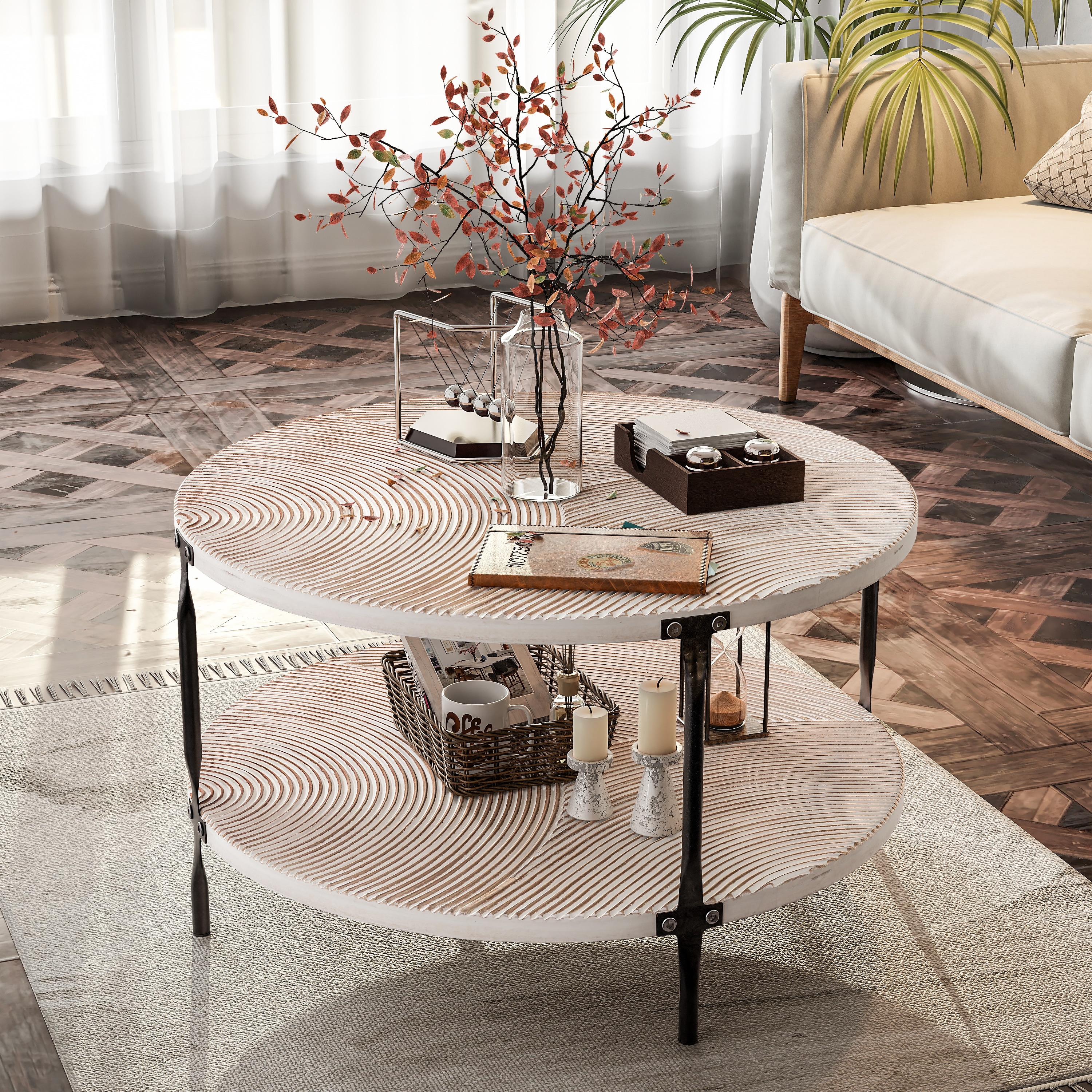 Round farmhouse coffee on sale table with storage