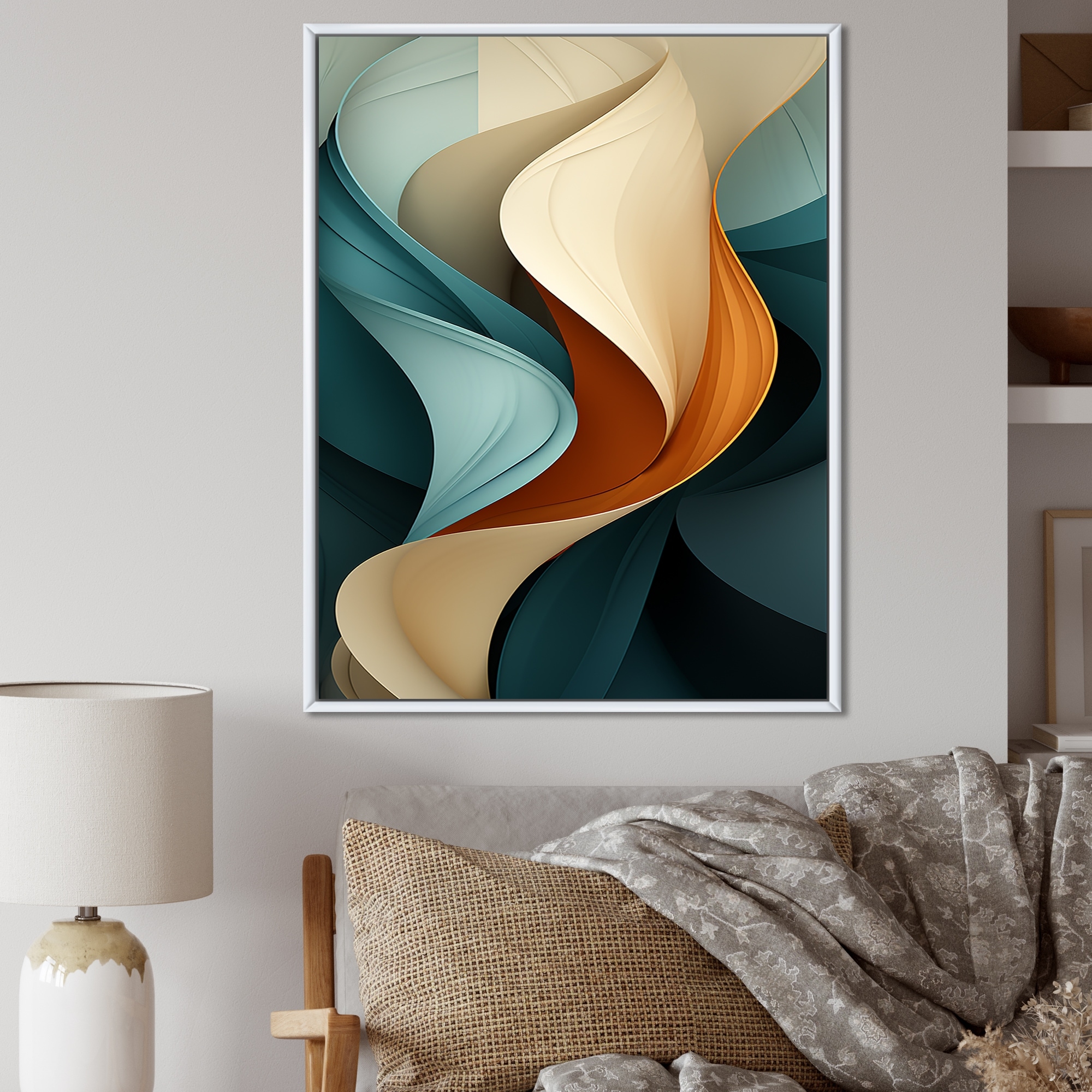 Designart "Teal Abstract Vintage Elegant Wave" Abstract Shapes Framed Wall Decor