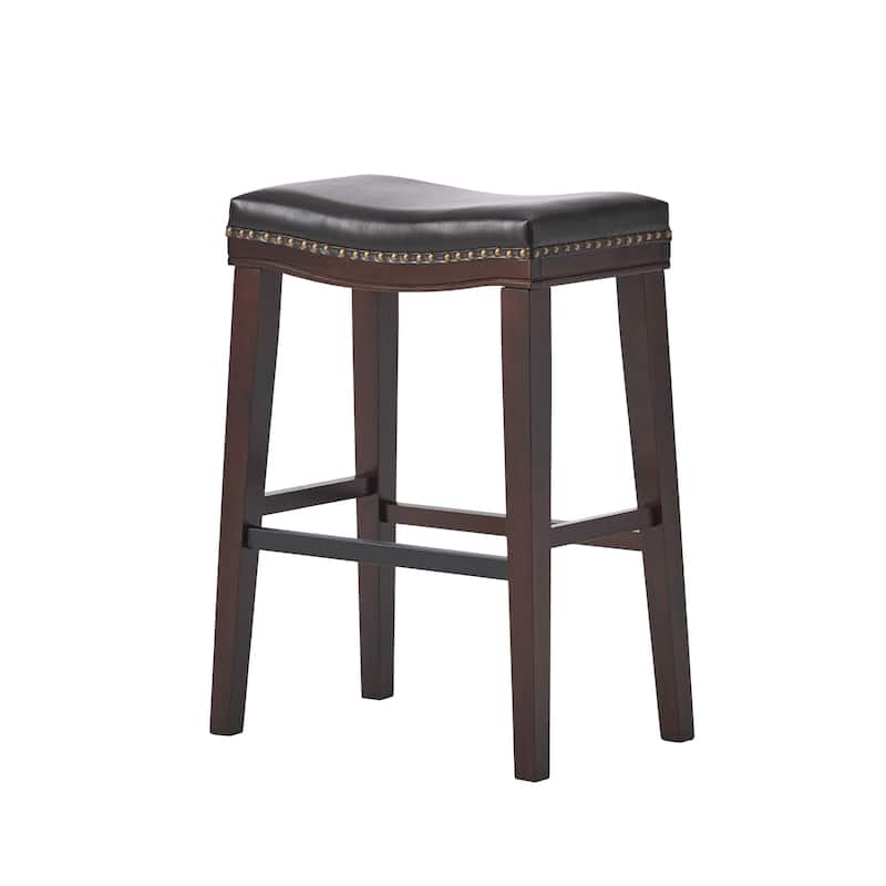 Clare Barstool Set of 2, Black Faux Leather, Nailhead Trim, Dark Brown