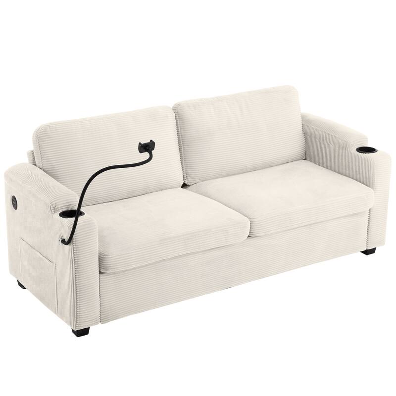 72.8" Corduroy Sleeper Sofa with Full Size Mattress and USB Ports, Loveseat Sofa with Cup Holders and Side Pockets