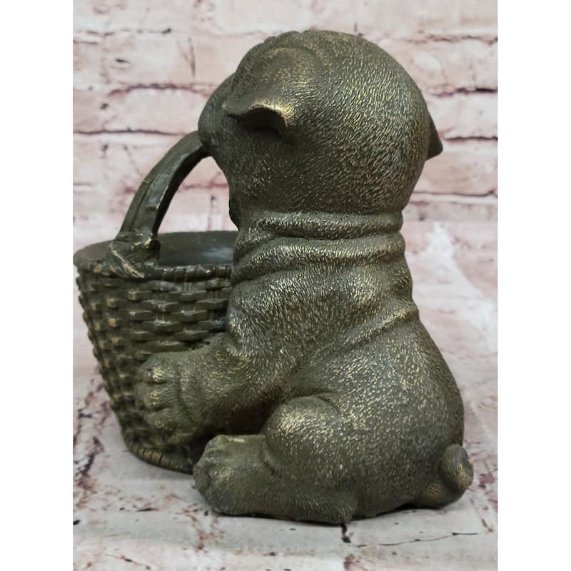 Bronze Pug Puppy Holding Woven Basket – Dog Figurine
