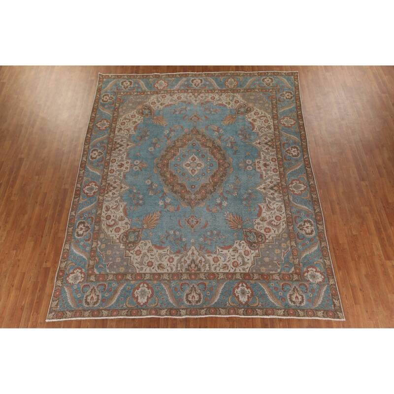 Distressed Over-Dyed Tabriz Persian Rug Antique Blue Wool Carpet - 9'5"x 11'10"