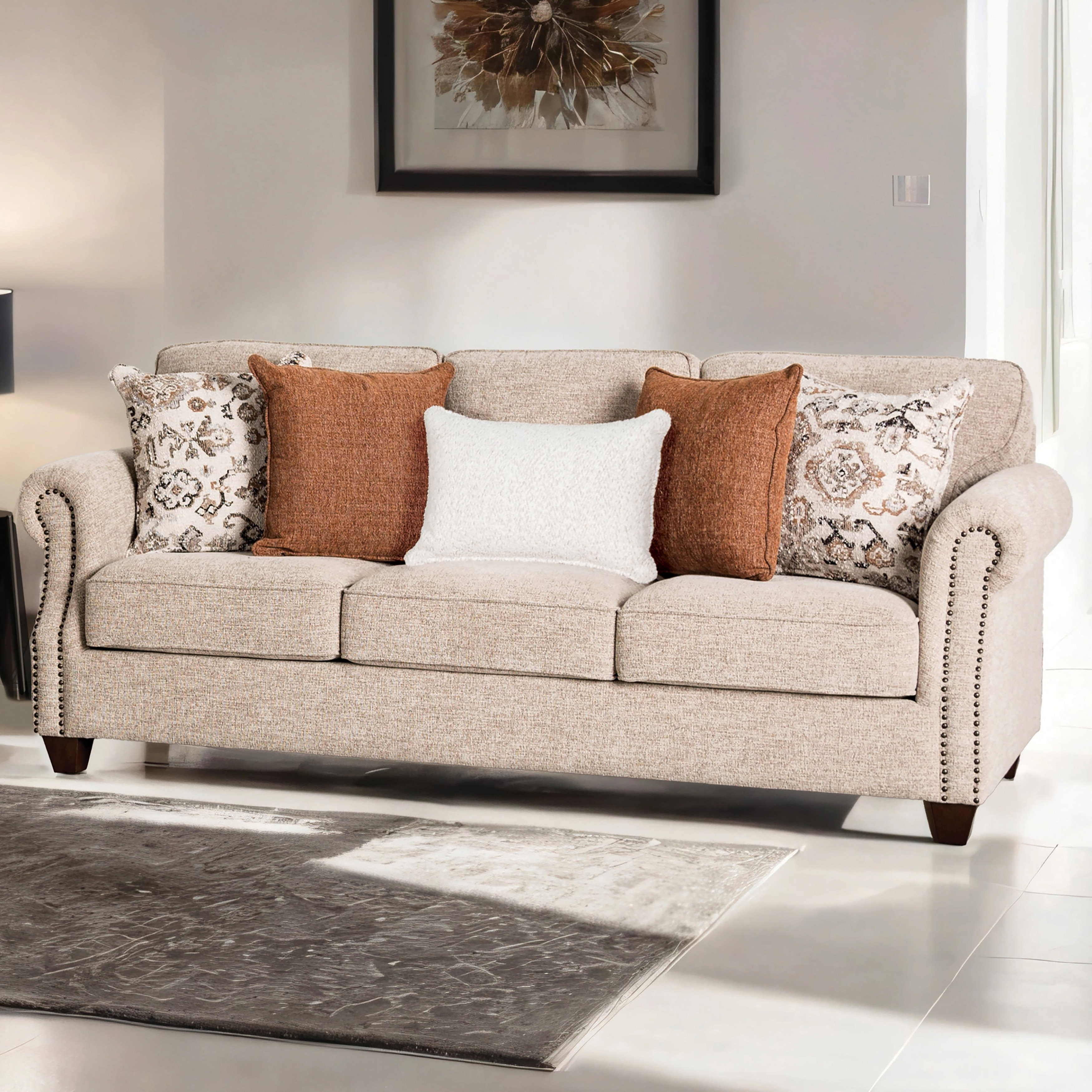 Furniture of America Mootle Taupe Solid Wood Sofa with Accent Pillows