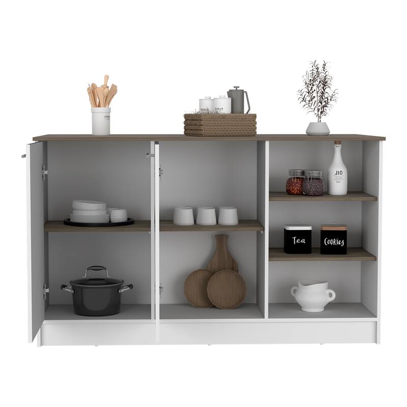 White and Dark Brown Kitchen Island, Two Cabinets, Three Open Shelves for Storage
