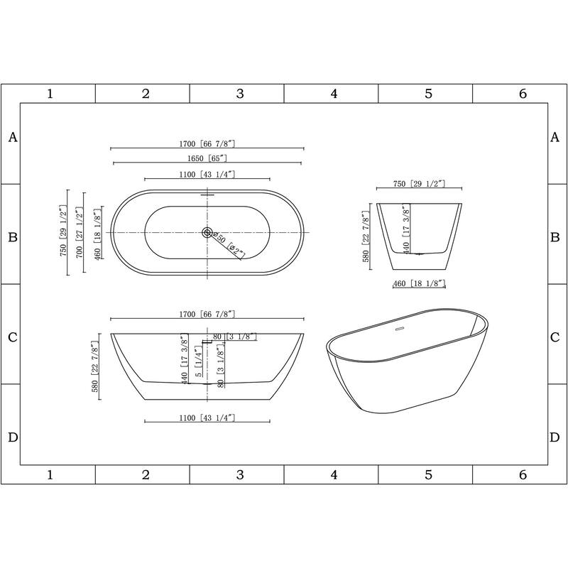 KBV 67'' x 29" Freestanding Soaking Acrylic Bathtub GTBT0002 - 67"