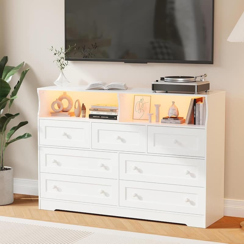 7 Drawer Dresser TV Stand for Bedroom with Charging Station & LED Lights - White
