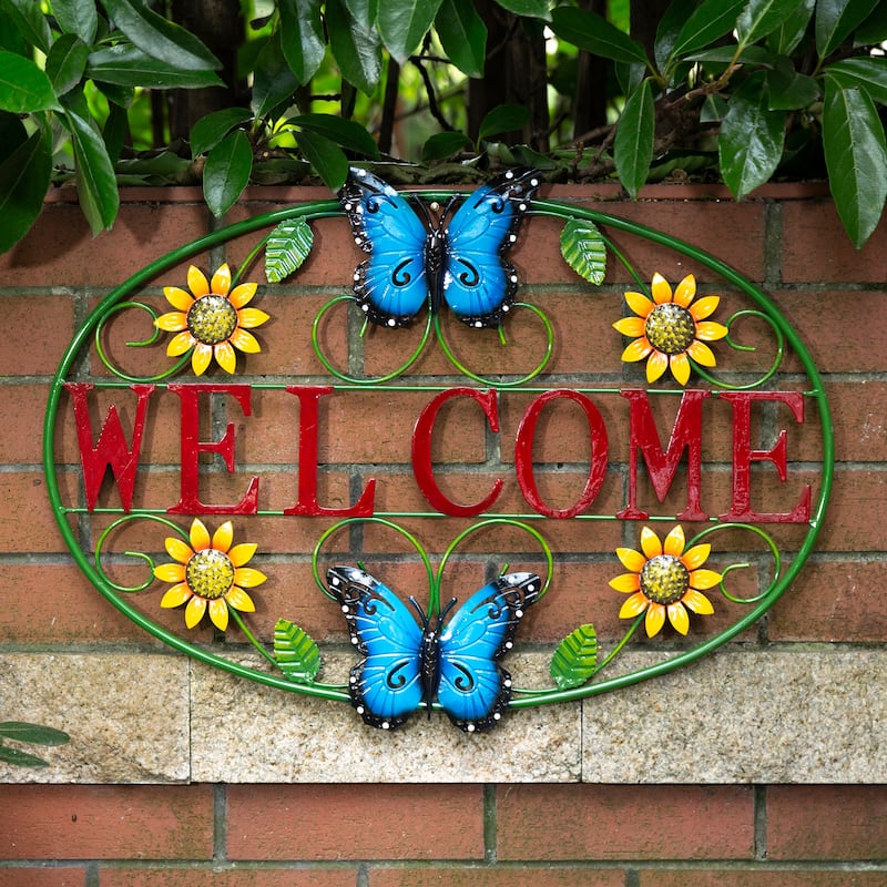 Glitzhome 24"L Spring Metal Sunflower Butterfly Welcome Wall Decor - Multi-Color