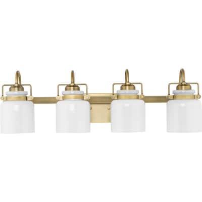 Fessler Collection Four-Light Vintage Brass Opal Glass Farmhouse Bath Light - 29.12 in x 7.12 in x 9.12 in