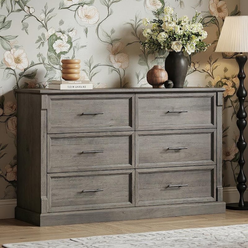 47" Farmhouse 6 Drawers Dresser - Dark Grey