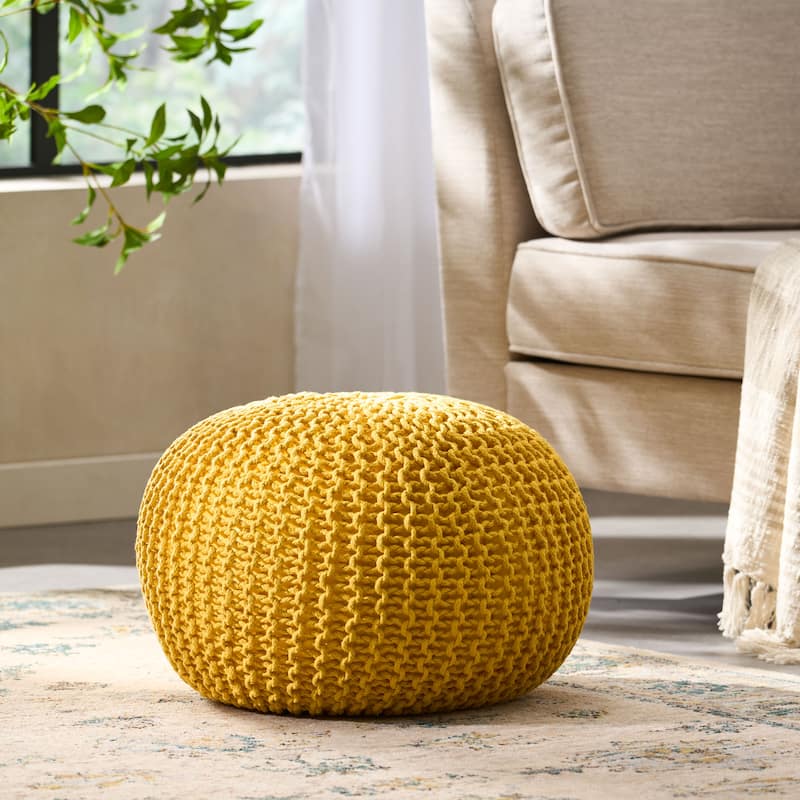 Nahunta Modern Knitted Cotton Round Pouf by Christopher Knight Home - Yellow