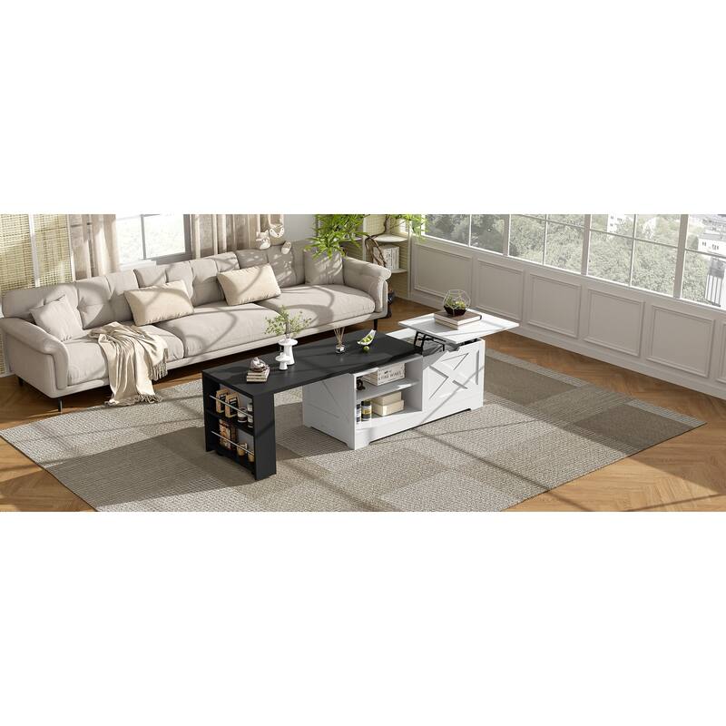 Farmhouse Lift Top Coffee Table With Barn Doors, Wood Rectangle Center Table With Large Hidden Storage Space
