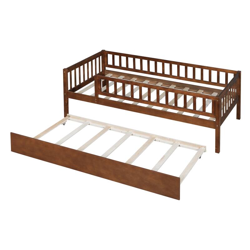 Wooden Twin Daybed with Trundle and Fence Guardrails, Space-Saving Design