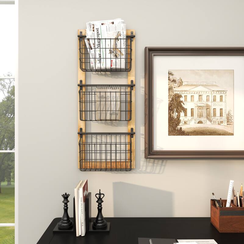 Black Metal 3 or 2 Slot Magazine Rack Holder with Wood Frame and Suspended Wire Baskets