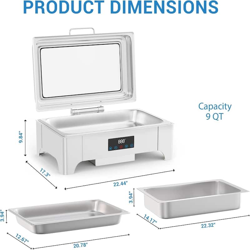 Electric Chafing Dish 9QT Full Size Touch Screen Chafing Dishes for Buffet Roll Top Set Food Servers and Warmer Gold - 9L