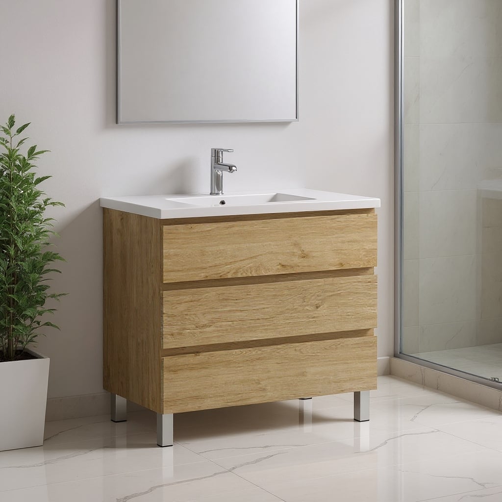 HomeRoots 32" Oak Wood Freestanding Bathroom Vanity With White Sink And Three Drawers - 32.00 in. x 39.06 in. x 18.10 in.