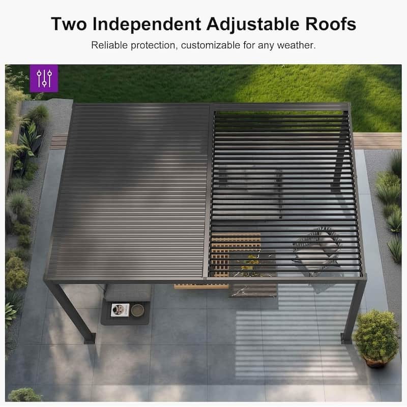 PURPLE LEAF Solar Louvered Pergola with LED String Lights Aluminum Outdoor Pergola with Adjustable Roof for Patio Garden - 13' x 15' - Grey&black