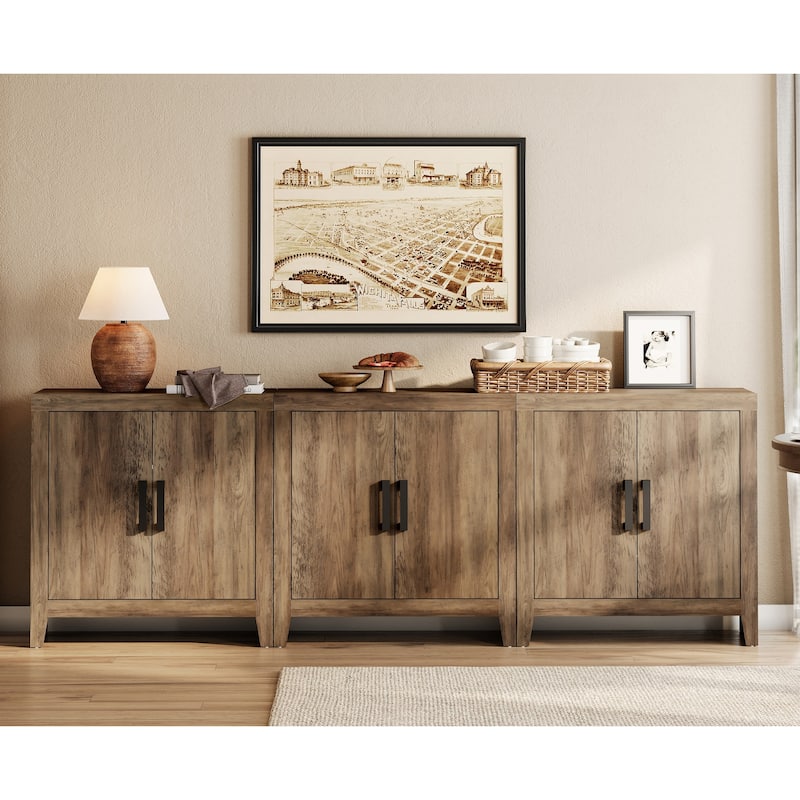 WAMPAT Farmhouse Buffet Cabinet with Door, Kitchen Sideboard for Dining & Living Room - 3 PCS-Brown