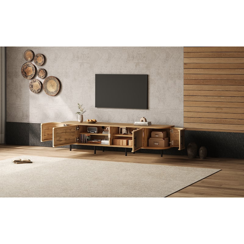 70" Modern TV Stand with Rattan Doors for TVs up to 80", Media Console with Storage Space & Cable Holes, Entertainment Center