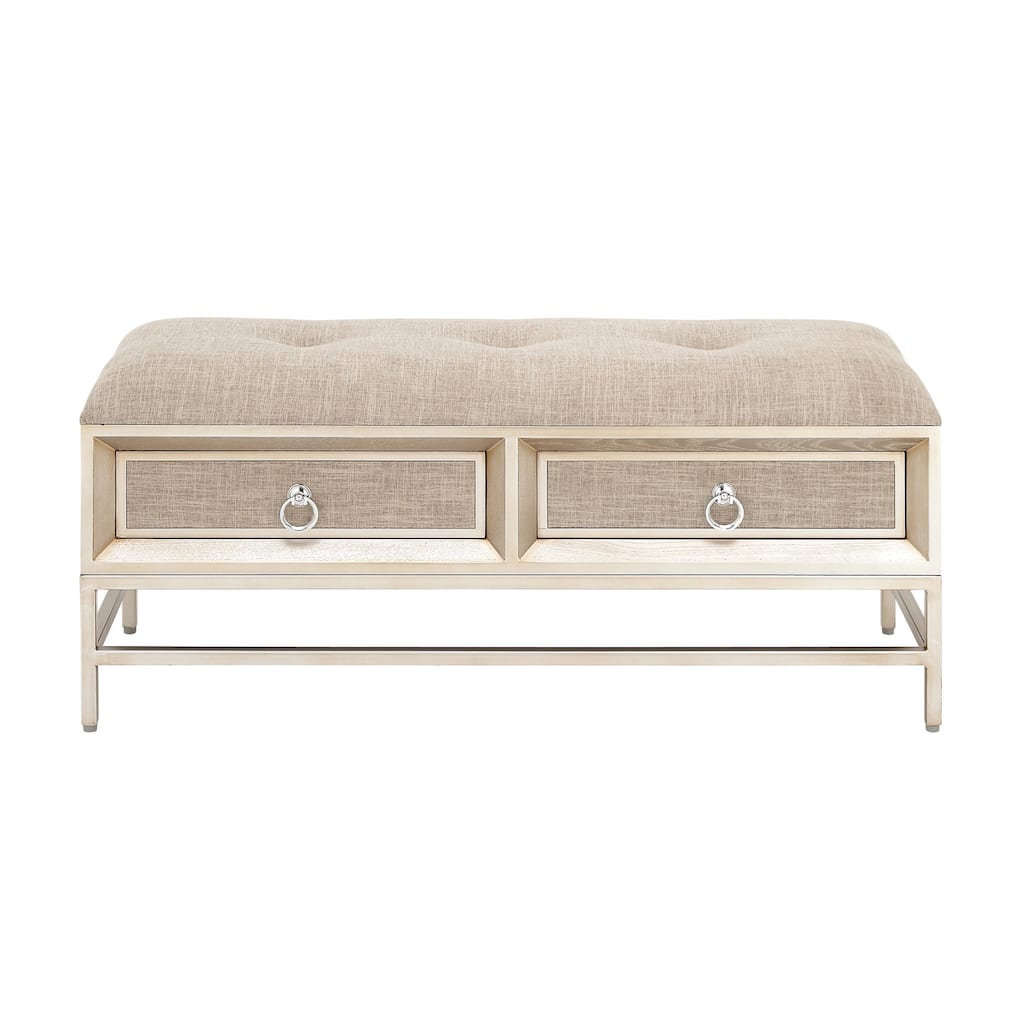 Linen Fabric Upholstered 2 Drawer Storage Bench with Tufted Seat and Ring Handles - Beige - Roche River Decor