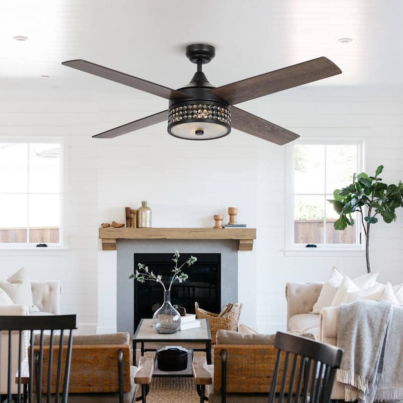 52-inch Satin Nickel/Black 4-Blades Crystal Ceiling Fan with Light Kit