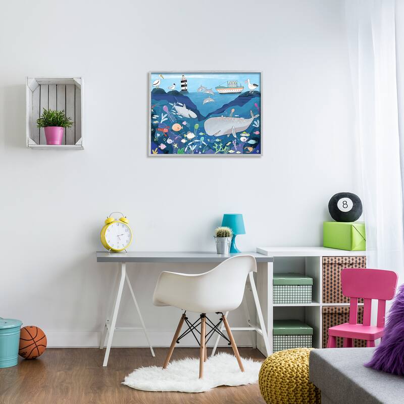 Stupell Underwater Wildlife Kid's Illustration Shark Whale Boat Framed Wall Art