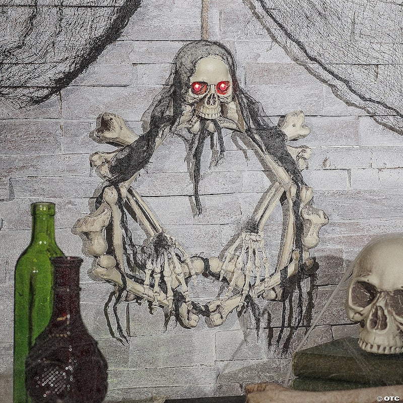 Pre-Lit Battery Operated Skeleton Artificial Halloween Wreath - 16.5" - Red Lights