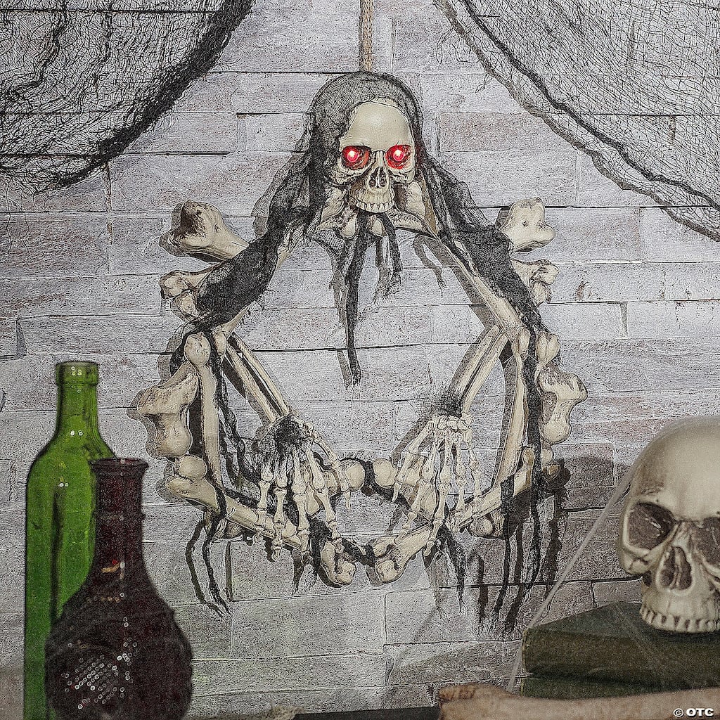 Pre-Lit Battery Operated Skeleton Artificial Halloween Wreath - 16.5" - Red Lights