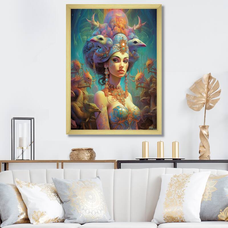 Designart "Exquisite Goddess In Psychedelic Pastels" Fashion Woman Framed Wall Art Living Room - 16 in. wide x 32 in. high - Gold