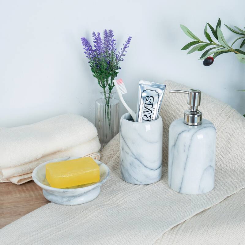 Creative Home Spa Collection White Marble Tumbler, Toothbrush Holder, Makeup Brush Organizer