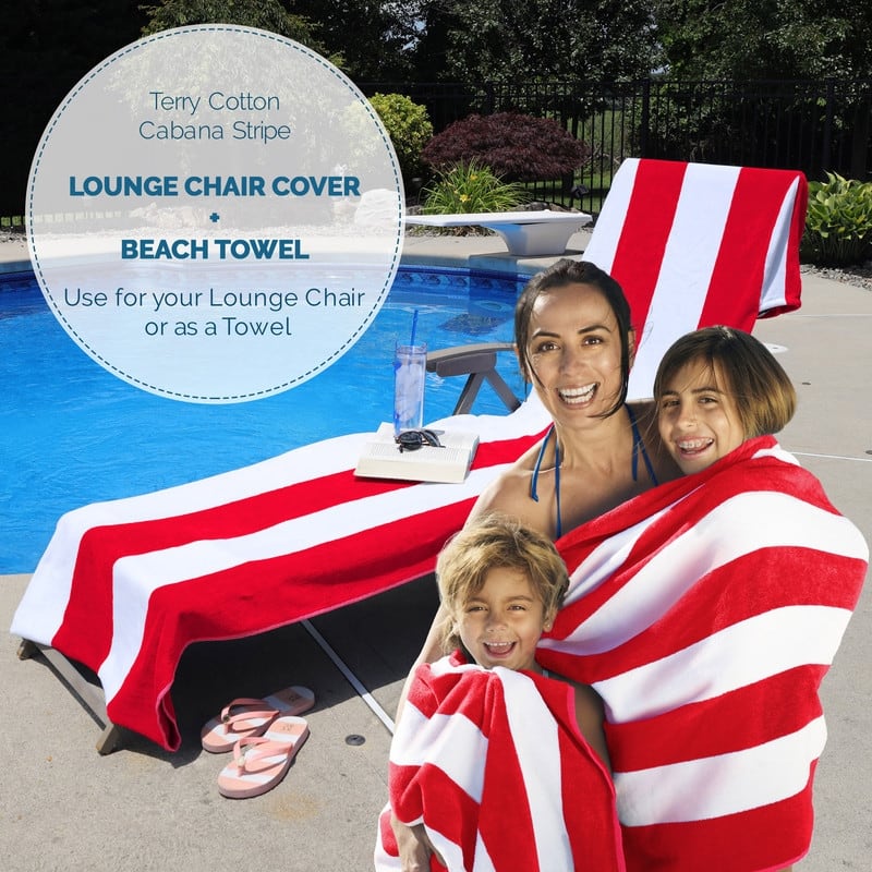 100% Cotton Cabana‑Stripe Lounge Chair Cover Terry Towel with Fitted Pocket & Back Flap Set of 2