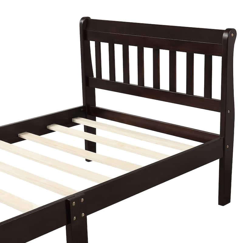 Classic Sleigh Bed Twin Size Platform Bed with Hollow Design Headboard and Footboard, Solid Wood Frame with Slat Support