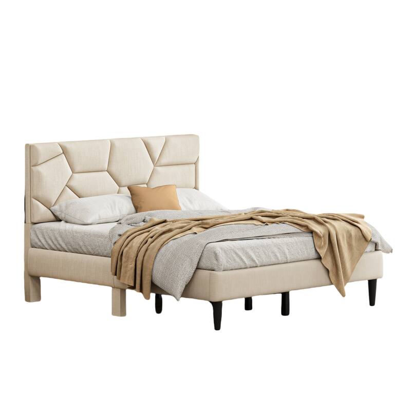 Queen Bed Frame with Linen Headboard - No Box Spring, Easy Assembly