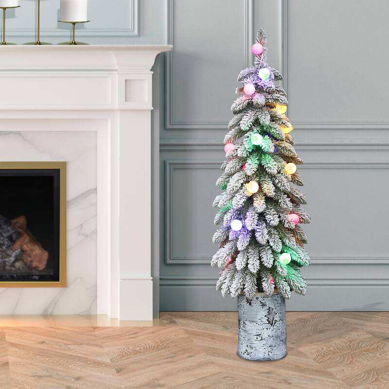 Puleo International Pre-Lit 4' Potted Flocked Alpine Artificial Christmas Tree